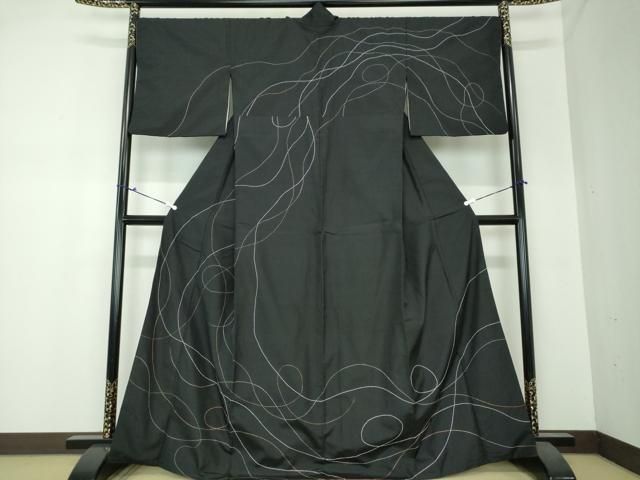 平和屋着物●訪問着　紬地　刺し子　総刺繍　曲線　黒地　鈴乃屋扱い　正絹　逸品　DAAS3928ps 平和屋着物○訪問着 紬地 刺し子 総刺繍 曲線 黒地 鈴乃屋扱い 正絹