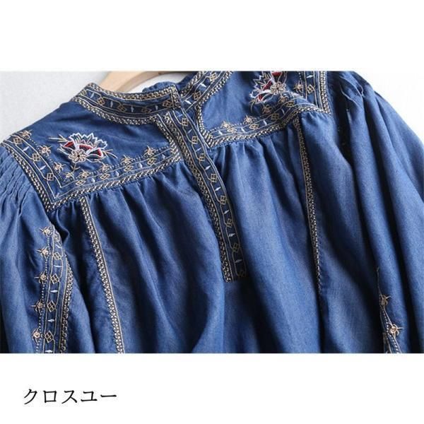 ブラウス レディース トップス チュニック 春 夏 デニム プルオーバー 花柄 刺繍 長袖 Uネック 体型カバー 大きいサイズ 薄手 40代　 ブラウス レディース トップス チュニック 春 夏 デニム プル