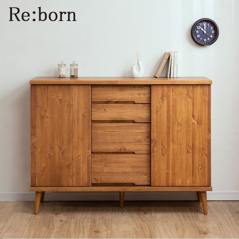 Re born 天然木がなす美しさ パイン材 オイル仕上げのサイドボード 北欧ナチュラルヴィンテージ 幅118 完成品 大川家具 オイル塗装 キャビネット 引戸 引き戸 引出し 引き出し A4 収納 スライドレール 書棚 棚 脚付き 120