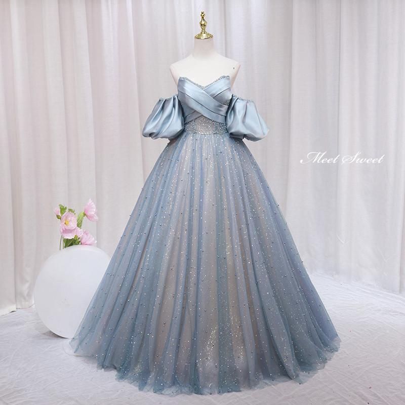 ドレス プリンセスライン ブルー ベアトップ 袖付き キラキラ ロングドレス ウェディングドレス 結婚式 二次会 花嫁 前撮り 演奏会