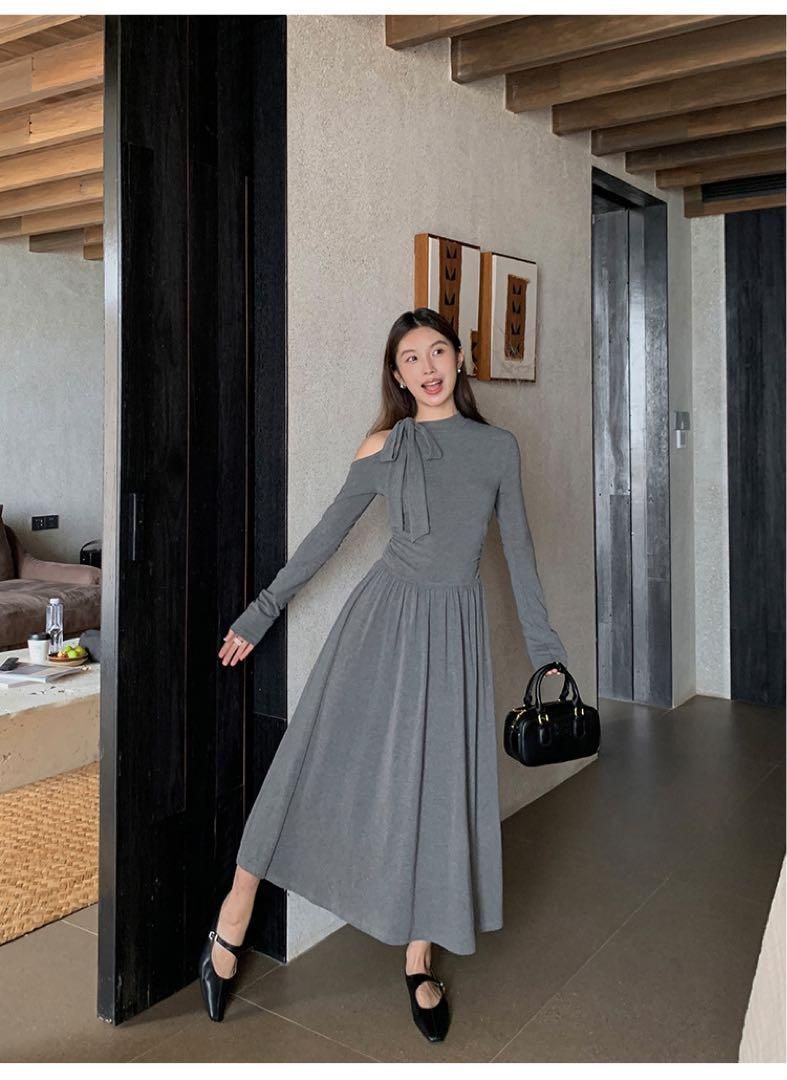 注目度抜群 春のワンショルダーロングニットドレス