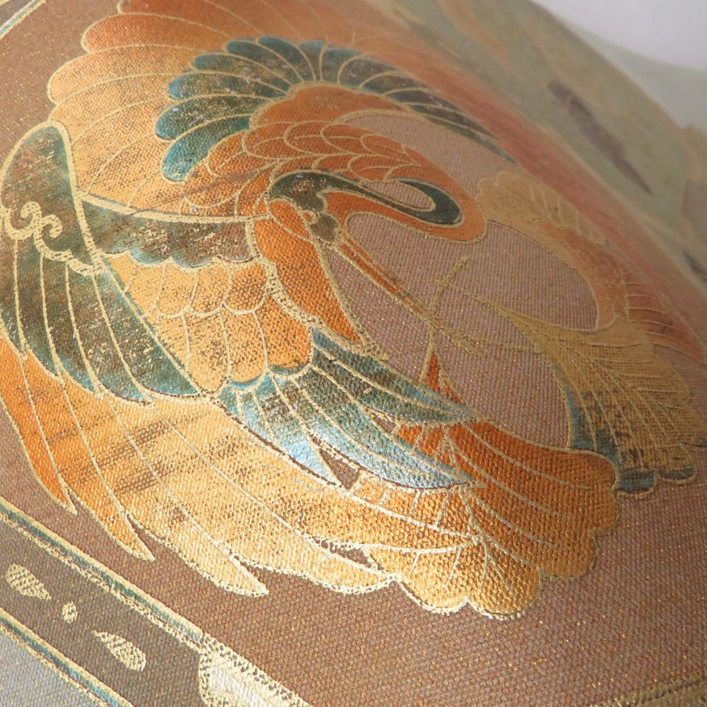 袋帯 鶴に桐紋など 箔入り カーキ色x薄オリーブグリーンxゴールド