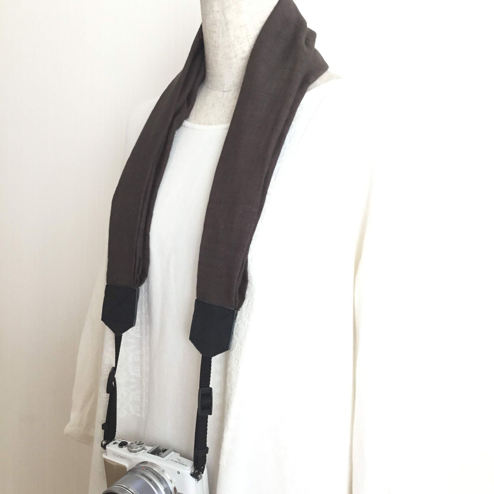リネン 幅広 肩で支える 一眼レフカメラストラップ ミラーレス ハンドメイド チャコール