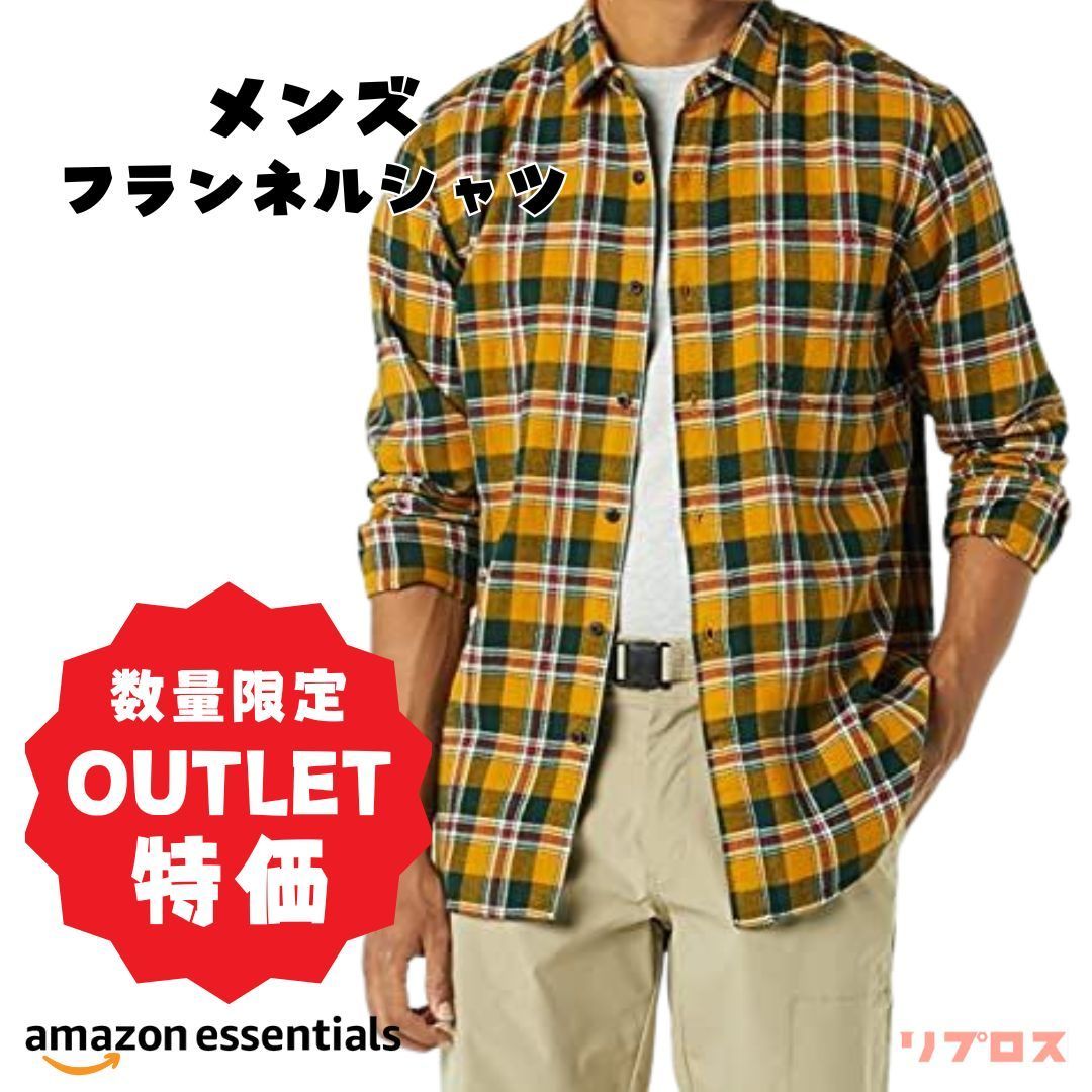 新品 Amazon Essentials フランネルシャツ メンズ Mサイズ 長袖 スリムフィット ダークグリーン イエロー チェック柄 コットン100% カジュアル おしゃれ トップス リプロス