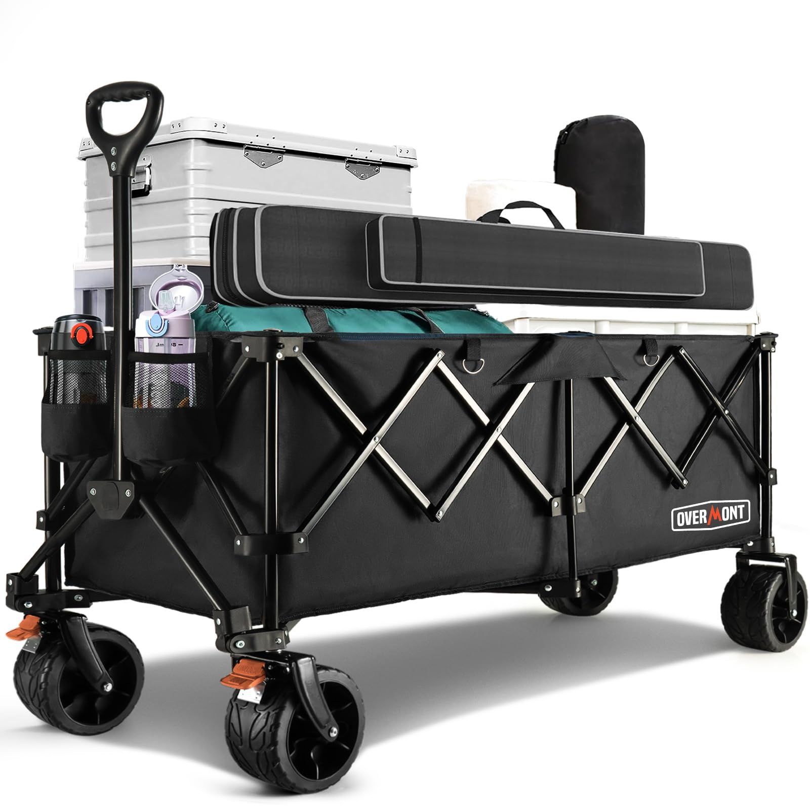 大型 荷物運び キャンプ用品 キャンプ 釣り ビーチ 運動会 折りたたみ ブレーキ付き 大型タイヤ 長物対応 キャンプカート キャリーカート 荷室加長 黒 ベアリング付き 耐荷重200kg アウトドアワゴン 特大容量300L キャリーワゴン Overmont