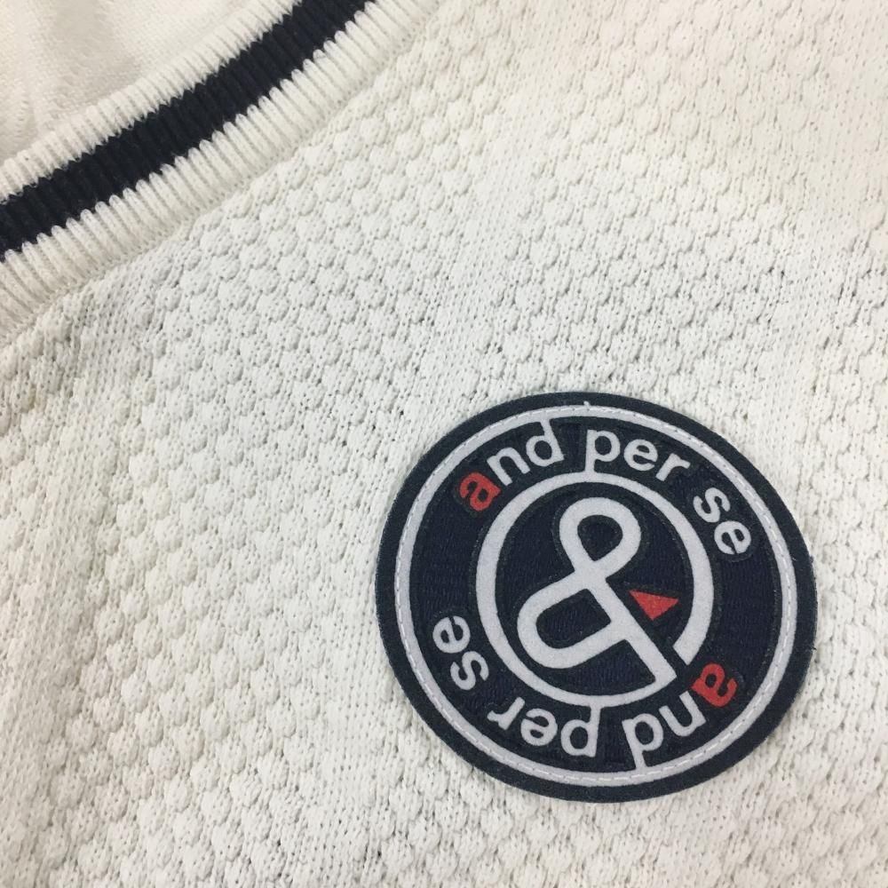 美品】アンパスィ ニットベスト 白×ネイビー Vネック ロゴワッペン