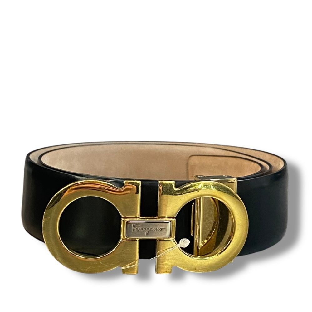 SALVATORE FERRAGAMO BLACK LEATHER BELT ダブルガンチーニ