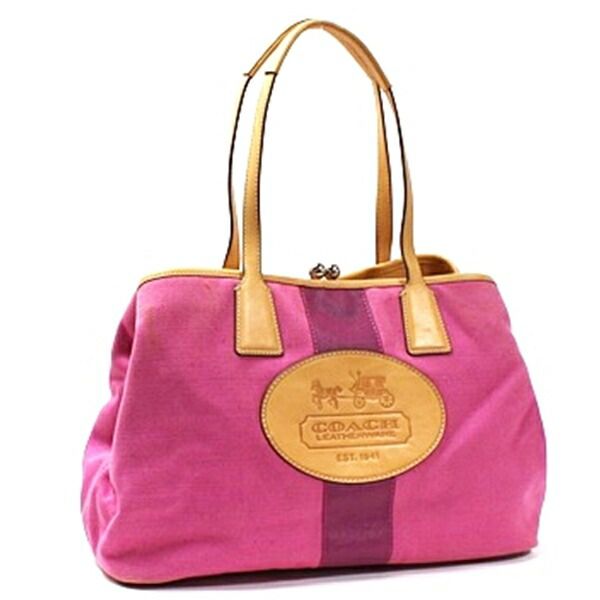 COACH ハンドバッグ ピンク キャンバス レザー コーチ トートバッグ がま口 肩掛け キャンバス レザー ピンク 中古