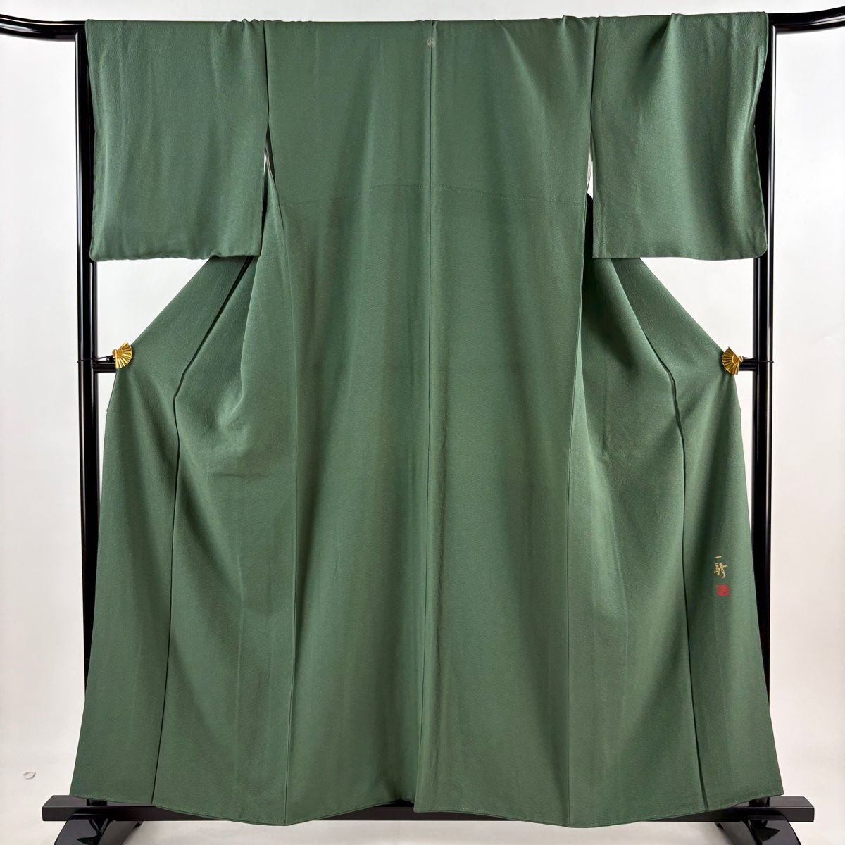色無地 身丈158cm 裄丈67cm M 袷 草野一騎 落款 緑 正絹 名品 一つ紋