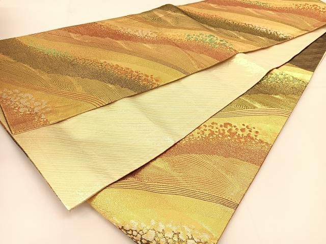 着物帯、正絹（金銀糸箔） 袋帯 美品 名品 やまと 幾何学 金銀糸 箔 青灰色 六通 正絹