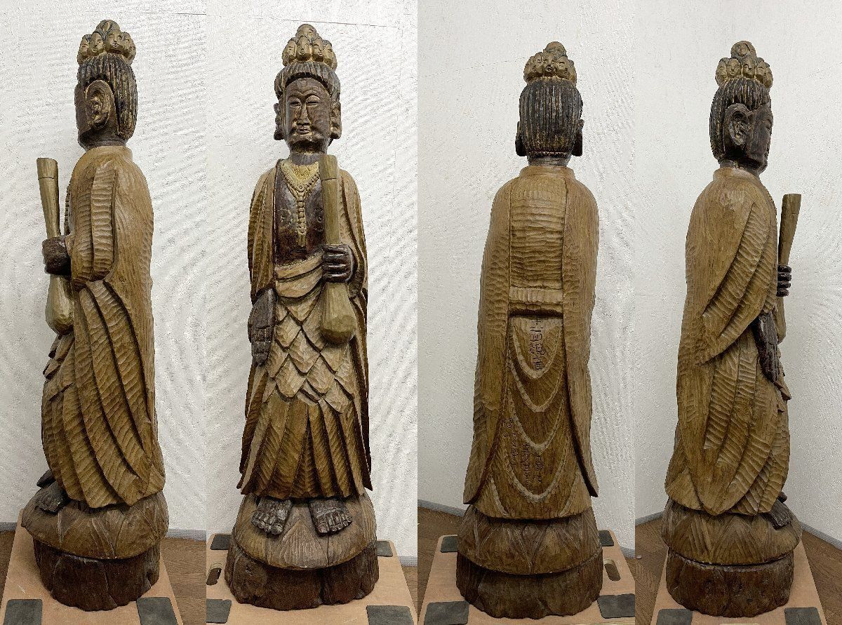 銘あり 十一面観音像 仏像 高さ154cm 天然木 木彫り アート 時代物 仏教美術 1973年作 貝1263