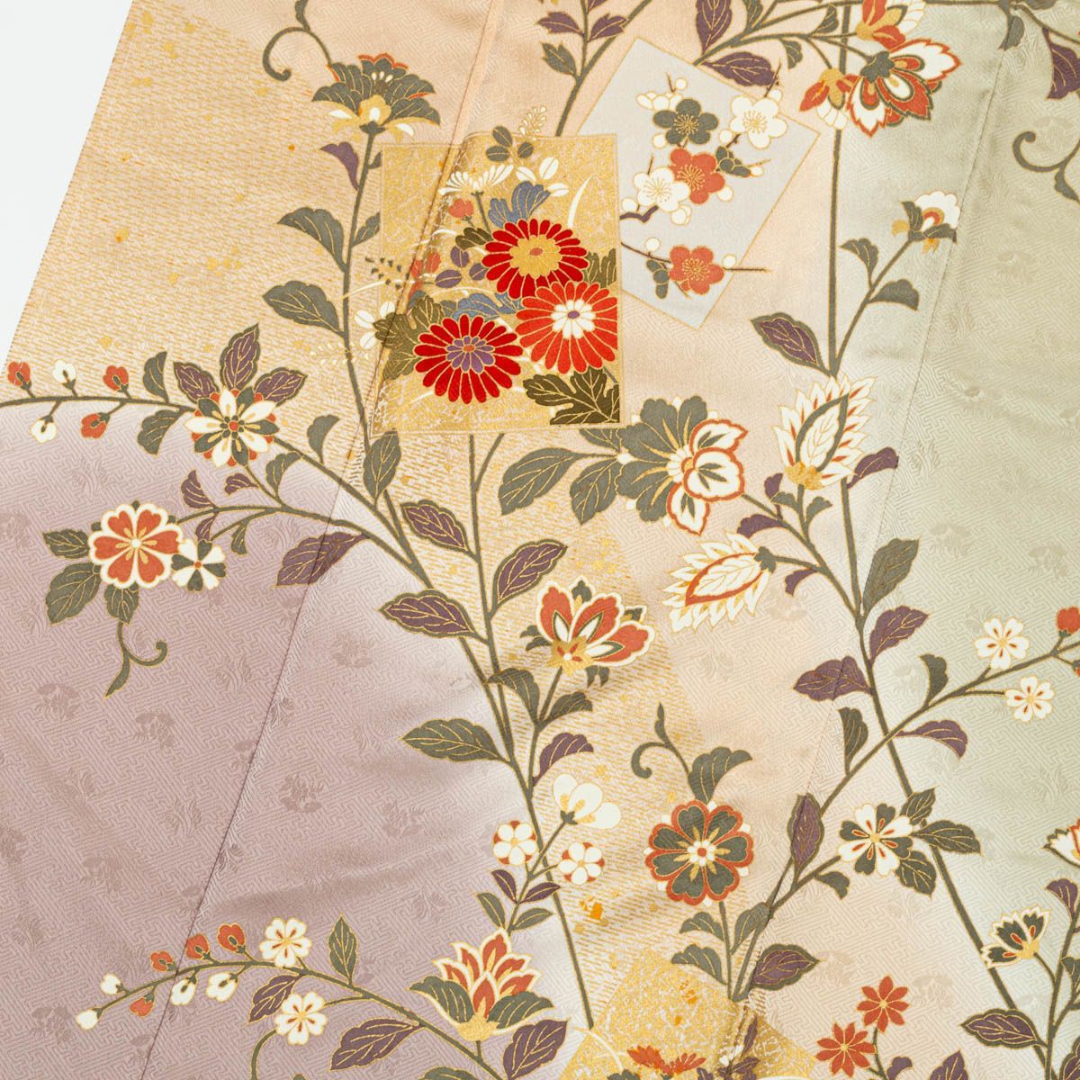 未使用品】訪問着 友禅 四季花 花唐草文 裏葉柳 香色 暈し染め