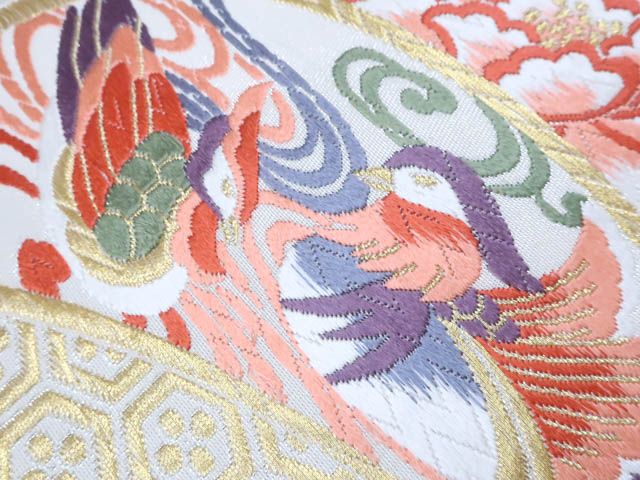 一輝堂】リサイクル着物 袋帯 六通 金糸 鴛鴦に花 正絹 25b08