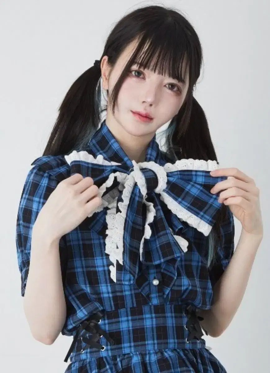 ジェイミー えぬけ チェック 青 半袖 ブラウス スカート