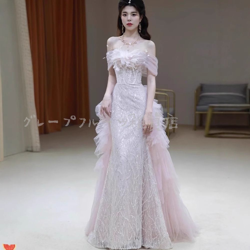 ♥ 2025 ピンクオフショルダーイブニングドレス 感 軽奢 結婚 婚礼 敬酒服新婦用 XS-4XL