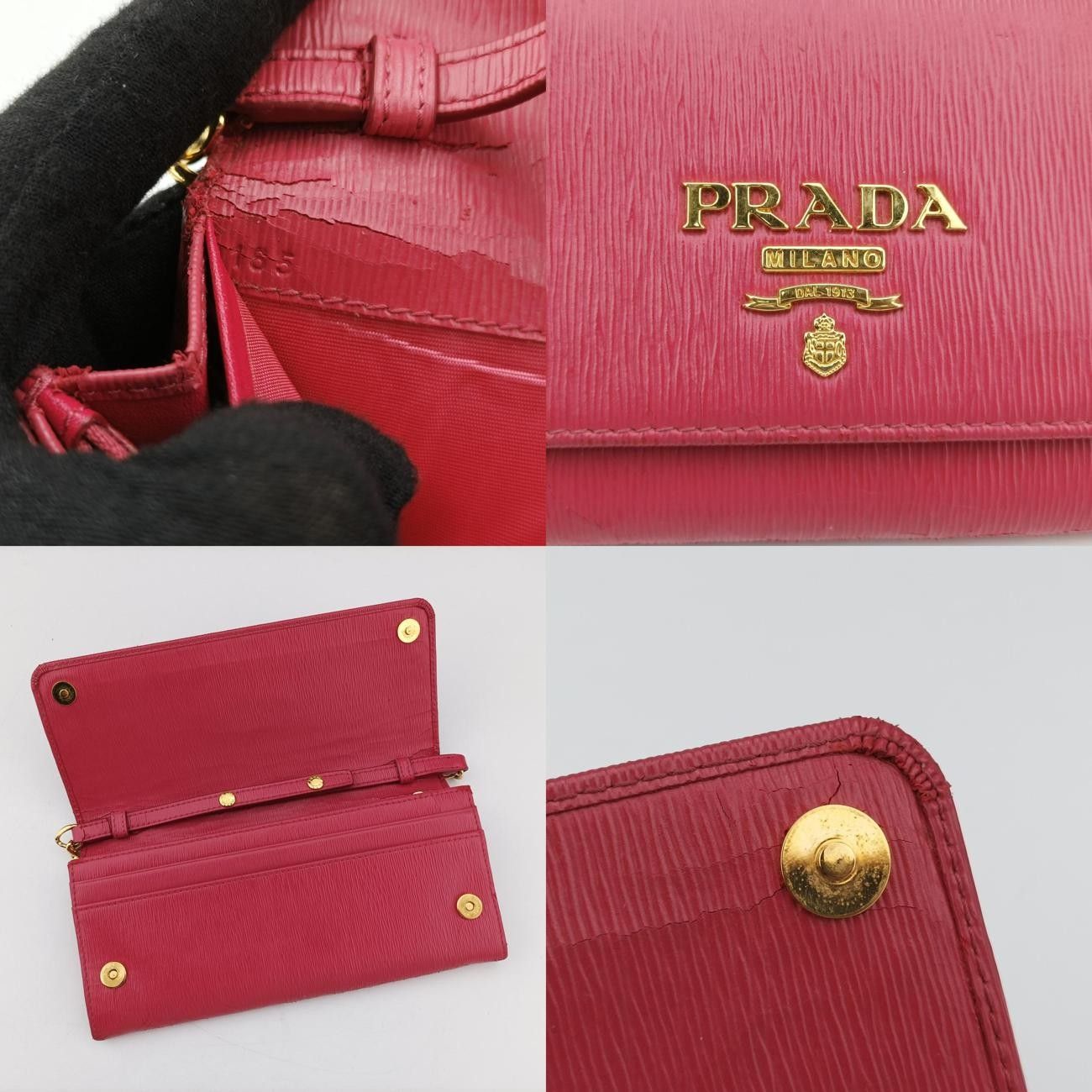 PRADA◆フラワー メタルロゴ サフィアーノレザー バレッタ プラダPradaメタル ウォレット オン チェーン コーンフラワー