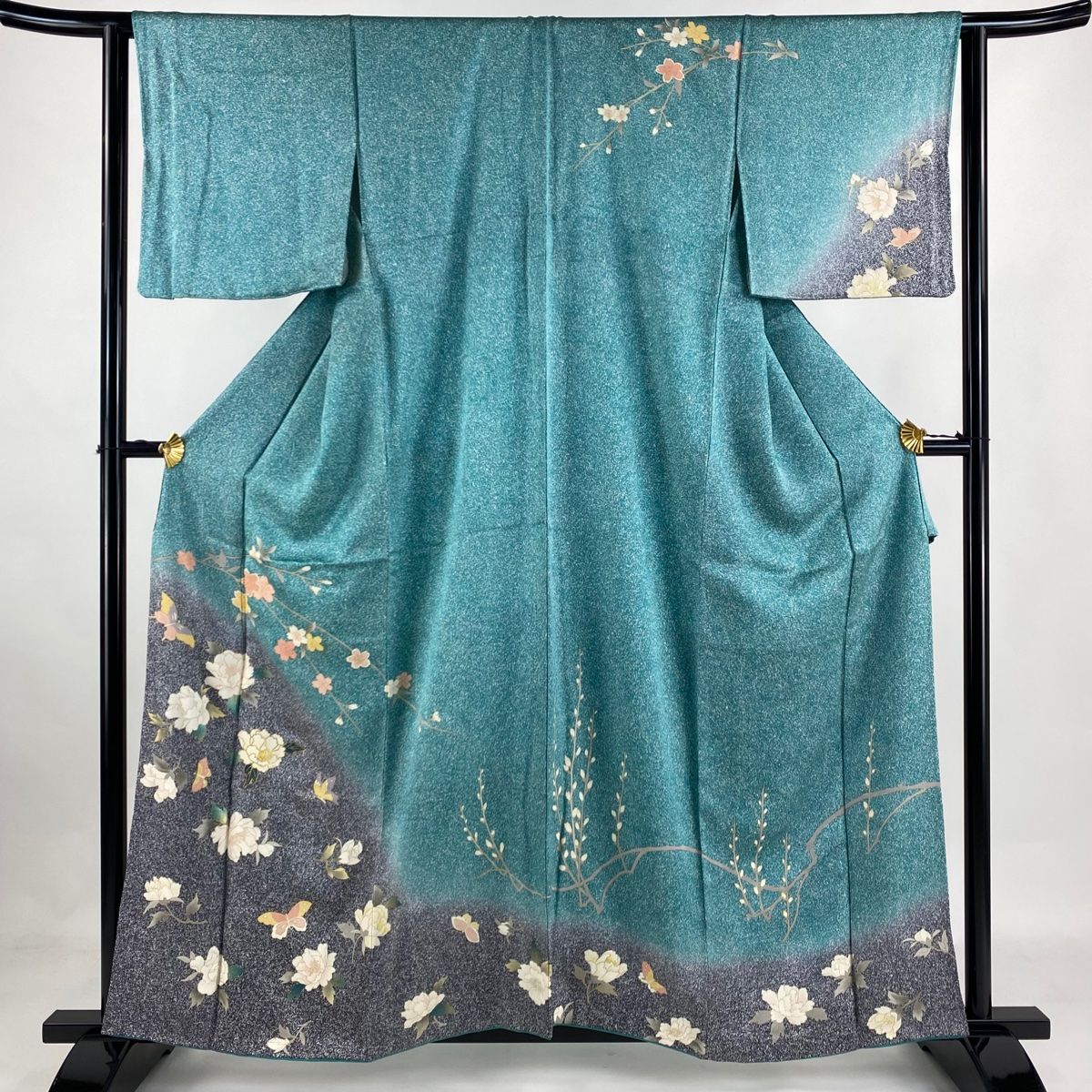 訪問着 身丈158cm 裄丈63.5cm S 袷 牡丹 蝶 金彩 染め分け 青緑
