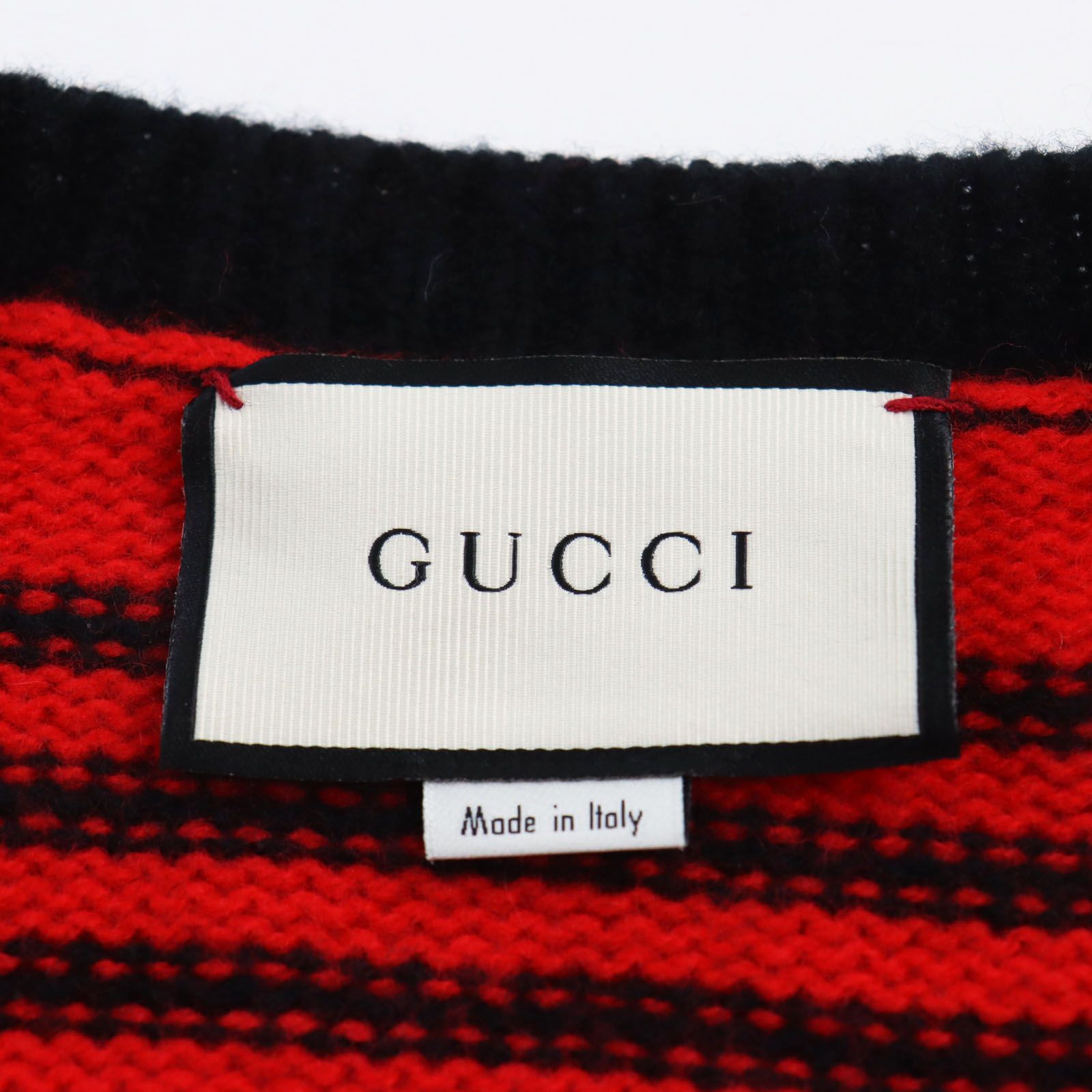 極美品●GUCCI グッチ 545589 BEE刺繍 ボーダー柄 ニットカーディガン ブラック レッド XL イタリア製 正規品 メンズおすすめ◎