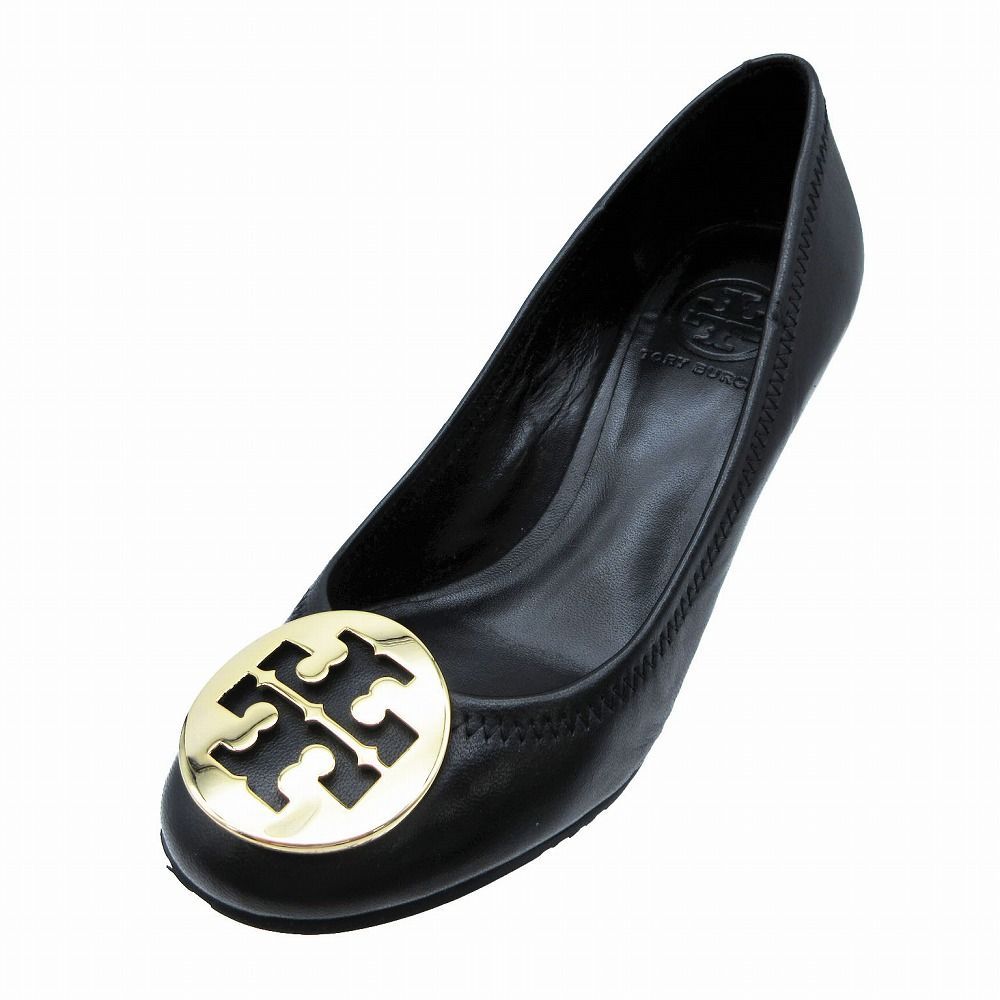 トリーバーチ　ブラック パンプス ウエッジソール 25㎝　ロゴ金具 TORY BURCH トリーバーチ ロゴプレート ウェッジソール レザー