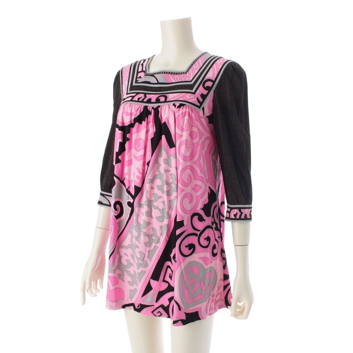 レオナール アセテート×ポリエステル カンカン フラワー 総柄 ワンピース ドレス 0189231 ピンク ブラック 38