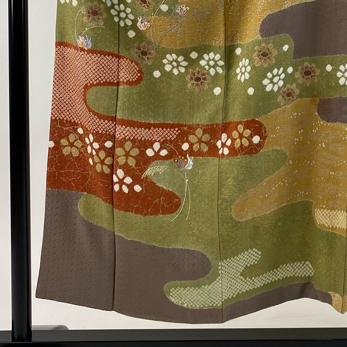 訪問着 身丈152cm 裄丈63cm S 袷 蝶 ヱ霞 刺繍 絞り 灰緑 正絹 秀品