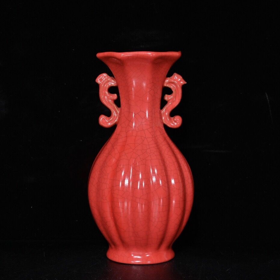 紅美人酔釉双耳福筒瓶  現代工芸品  美術品 置物 旧家蔵出し 宋 汝窯 開片 雙耳瓶 古陶瓷器 陶芸 造型精美 古美術