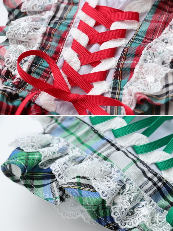 犬服 夏 犬の服 タータンチェックレースワンピース グリーン SS-LL