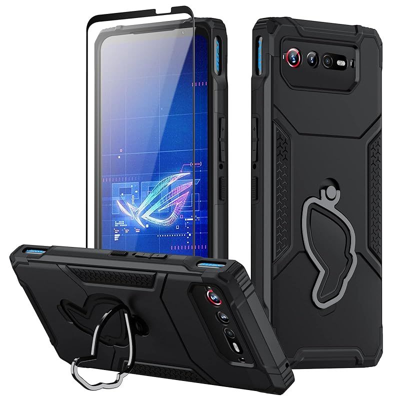 ROG Phone 7 ケース ROG Phone 7 Ultimate ケース エアトリガー互換 軍用レベル保護 キックスタンド エアバッグ内蔵 耐衝撃 傷防止 9D強化ガラスファイル付き (ブラックu0026ROG 7) 1