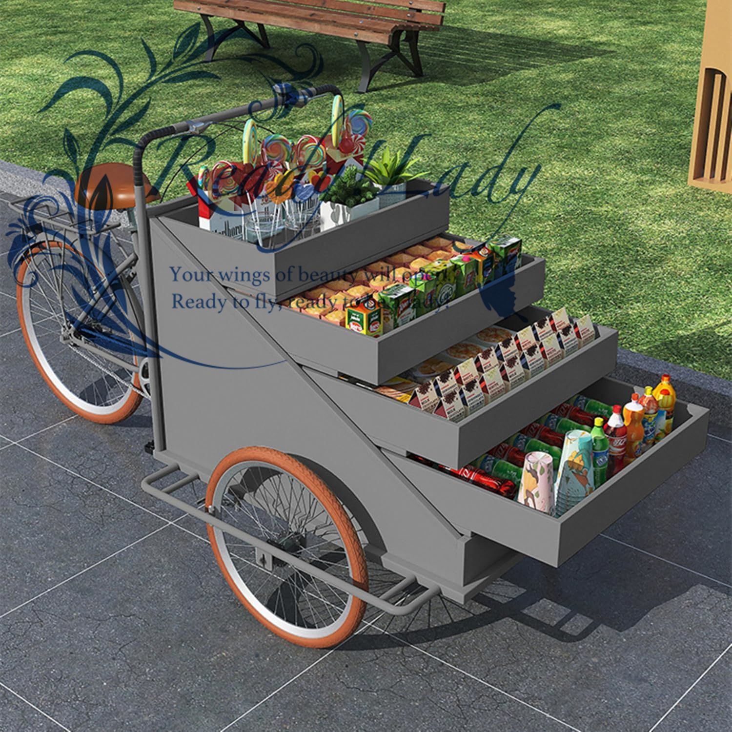 大型三輪車 ベンディングカート ワゴン フラワーカート 前入れペダルアシスト フードバイク カーゴ三輪車 移動販売車 ウェディングフェア用オープンボディタイプ三輪車 グレー