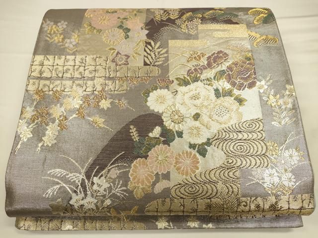 真作/今尾景年/花籠画賛/扇面/絹表装/横物/布袋屋掛軸HI-756 平和屋着物□極上 両面 全通柄袋帯 雪輪舞桜 横段文 瓢箪 金糸