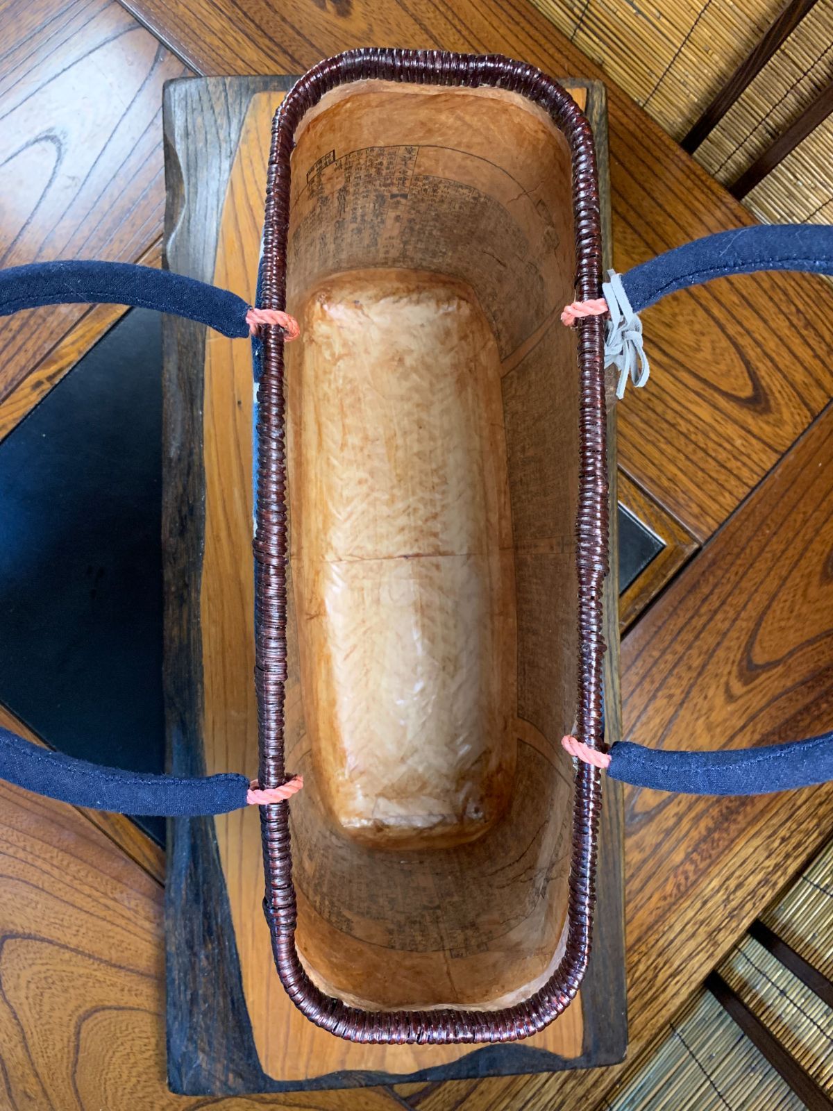 ストア かごバック 一閑張り 筒描 藍 1点物☆一閑張りバッグ籠バッグ