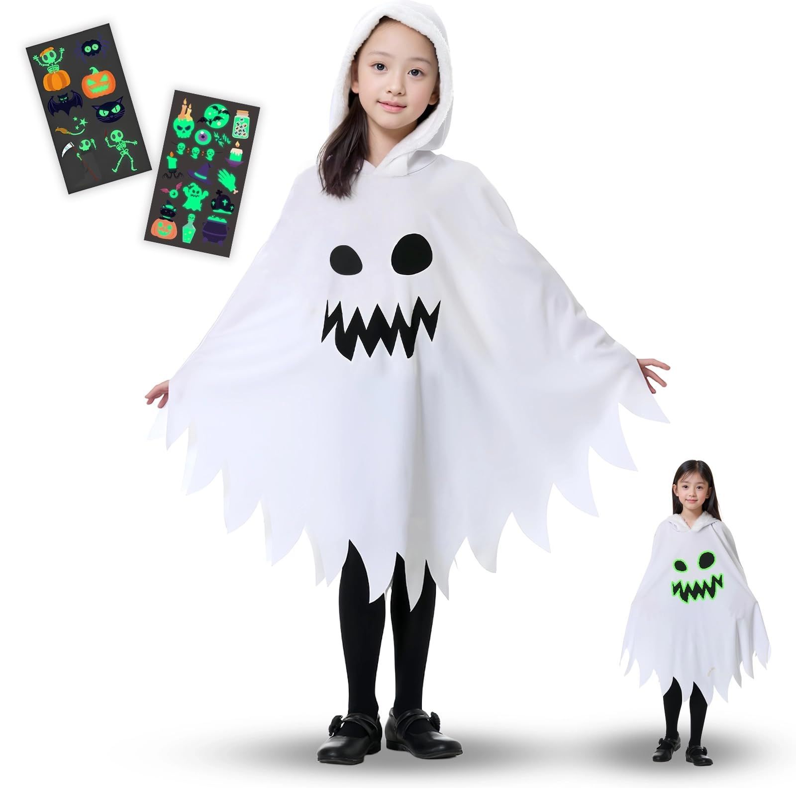 売切注意 部活 文化祭 クリスマス 子供 演出服 子供 コスプレ コスプレ パーティー用 魔女 悪魔 コスチューム 女の子 蓄光タトゥーシール キッズ マント マント 男の子 仮装 3点セット 幽霊 蛍光効果 子供 おばけ ハロウィン Buoniganu