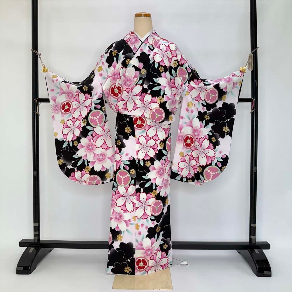 二尺袖 単品 卒業式着物 白 黒 裄69cm Lサイズ 袴用着物 化繊 4681