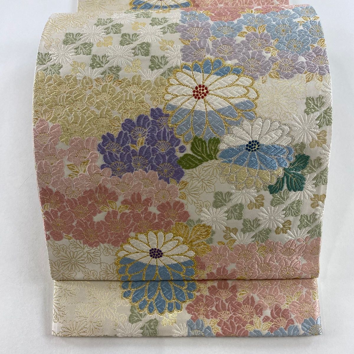 袋帯 名品 菊 金銀糸 箔 クリーム 六通 正絹