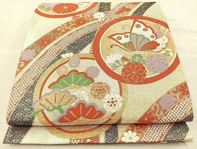 平和屋着物◎佐賀錦　六通柄袋帯　唐織　能衣花蝶丸文　金糸　正絹　逸品　BAAK3596if