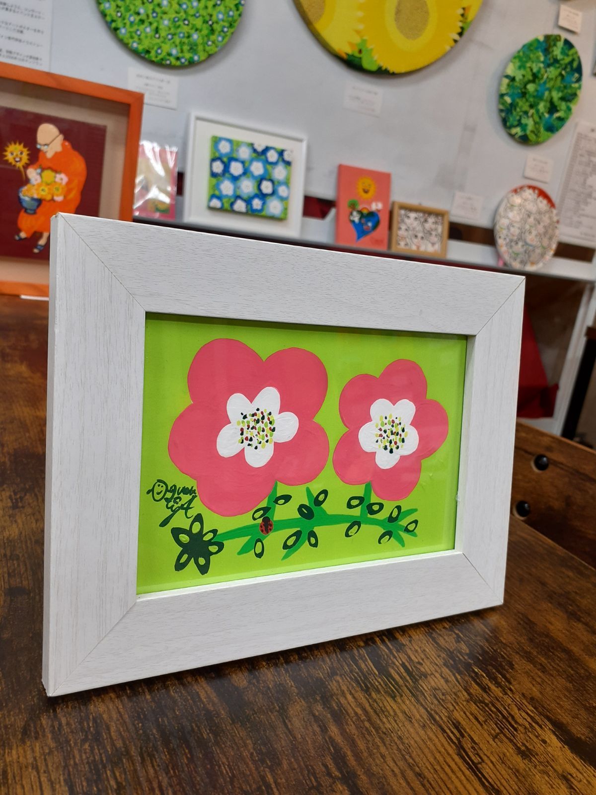 ハッピーまつばぼたんのカップル アクリル絵の具 額付き 15×18cm 