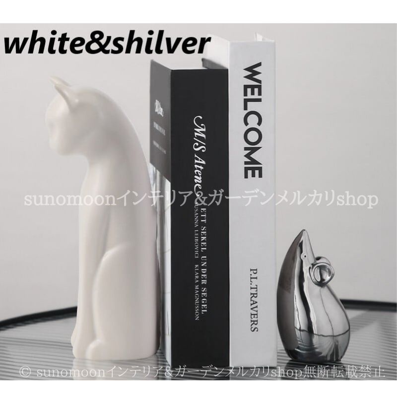 猫 ネズミ オブジェ 2点セット 置物 オーナメント 抽象的 シンプル おしゃれ かわいい インテリア 動物 アニマル 白 シルバー NEXPOTALLINN_EU