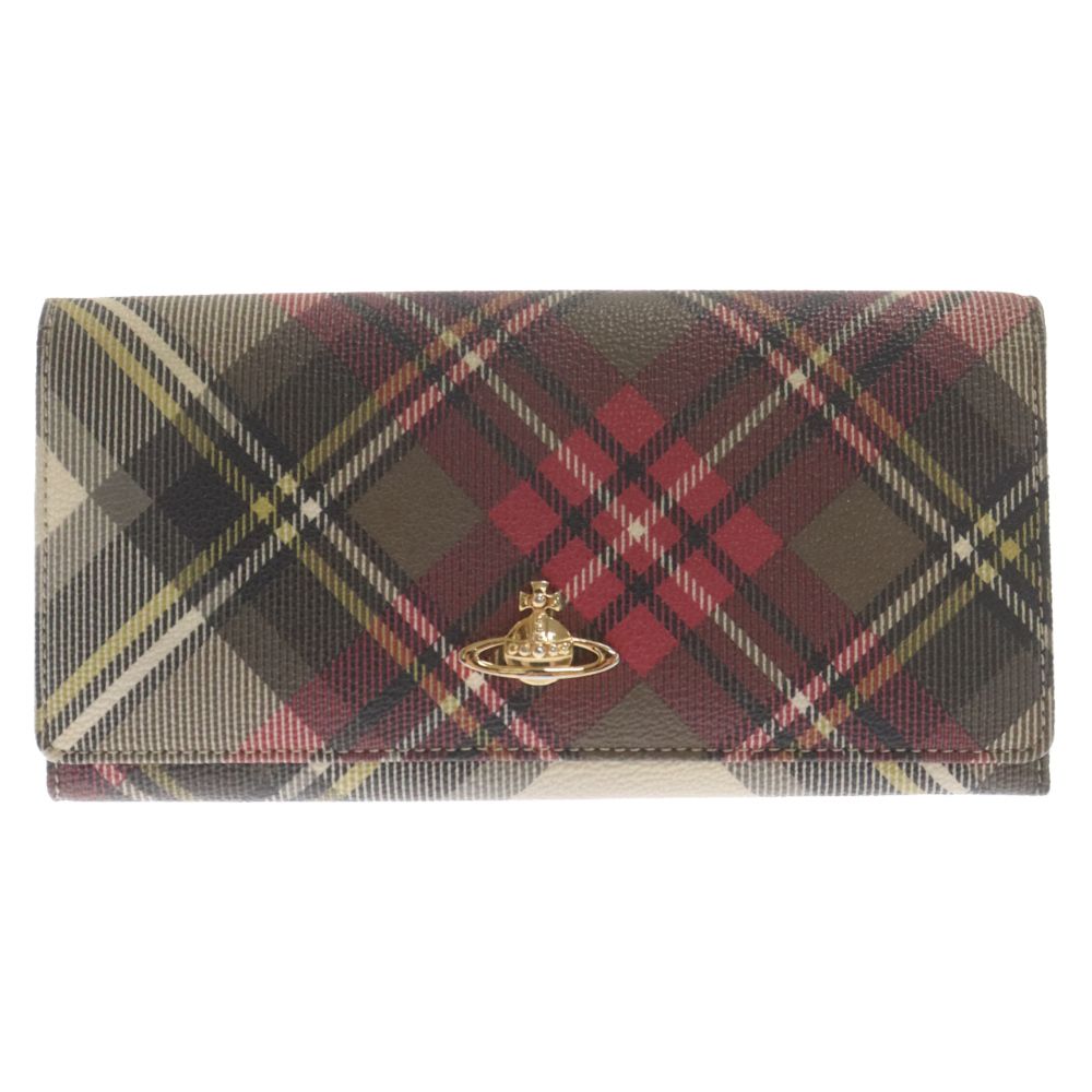 Vivienne Westwood (ヴィヴィアンウエストウッド) メタルオーブプレート 二つ折り チェック レザー 長財布 ブラウン/ピンク