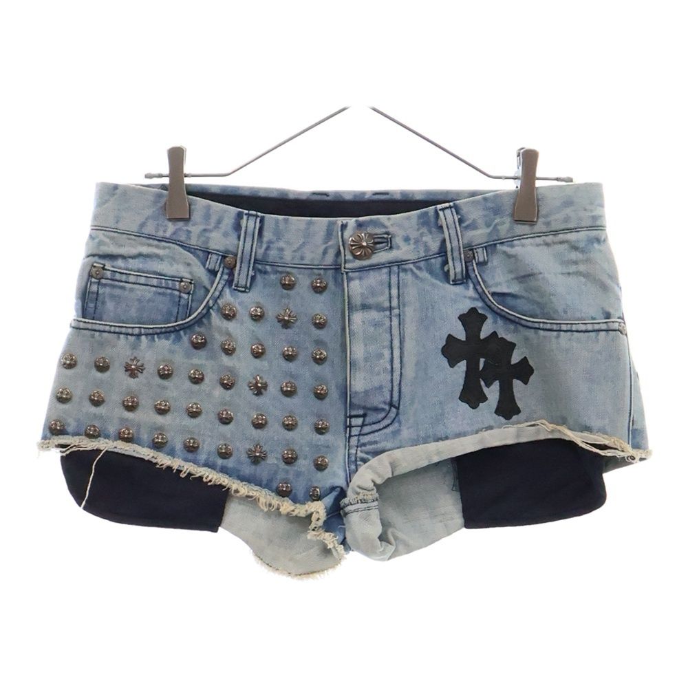 CHROME HEARTS (クロムハーツ) DENIM WASH LOADED STUD クロスパッチ付き ローデッドスタッズ デニムショーツ ショートパンツ インディゴ/ブラック