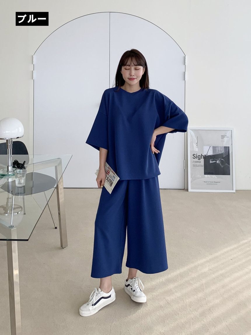 二点セット 上下セット シャツ+九分丈パンツ レディース 七分袖 丸首 プルオーバー ゆったり 大きいサイズ 着痩せ おしゃれ  秋 新作 tman 送料無料 上下セット レディース セットアップ トップス 七分袖 Tシャツ
