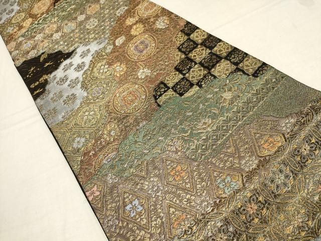 R7aa1039 袋帯 瑞錦 ゴールド 紺 華文 メモリヤンコート 六通柄 楽天市場】平和屋着物◎佐賀錦 六通柄袋帯 煌寿の華 正倉院花文