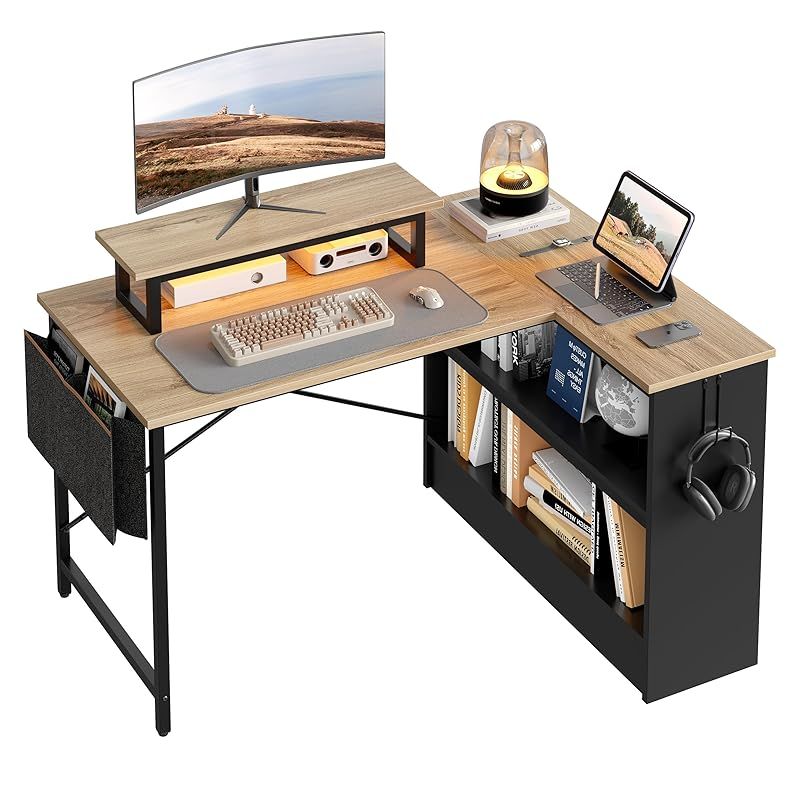 Bestier l字デスク 勉強机 幅107cm パソコンデスク L字型 学習机 コンパクト 収納 机 pcデスク 収納袋付き LEDライト付き コーナーデスク ワークデスク 左右入替 | Bestier l字デスク パソコンデスク L字 幅120cm 机 pcデスク