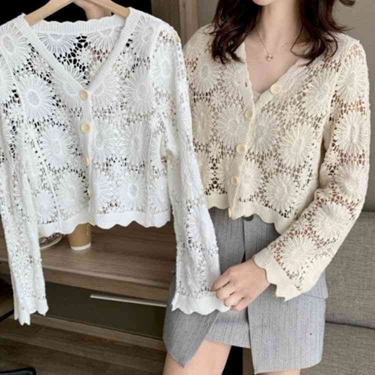 長そで カーディガン トップス アウター 綿100％ 透け感 ショート丈 長袖 サマーニット 羽織り Vネック レース 花柄 フラワー レディース コットン 薄手 ゆったり yskma 605085