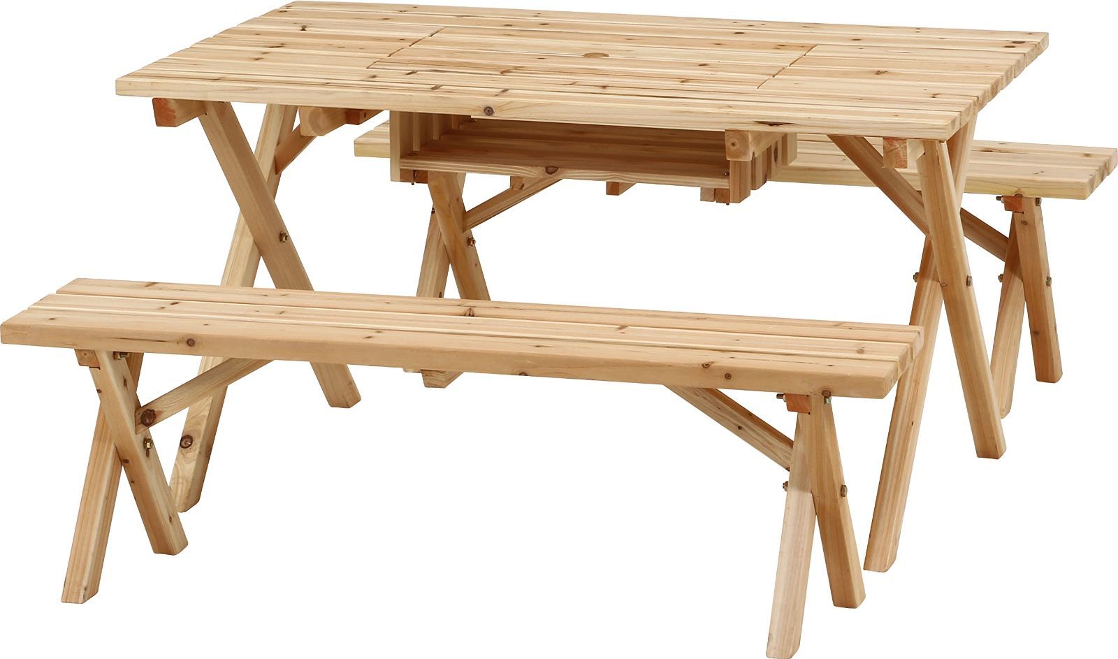 数量 パラソルホール付き コンロスペース付き 4人用 杉材 ナチュラル 幅120×奥行75×高さ65cm BBQテーブル＆ベンチセット 84524 ガーデンテーブルセット 不二貿易