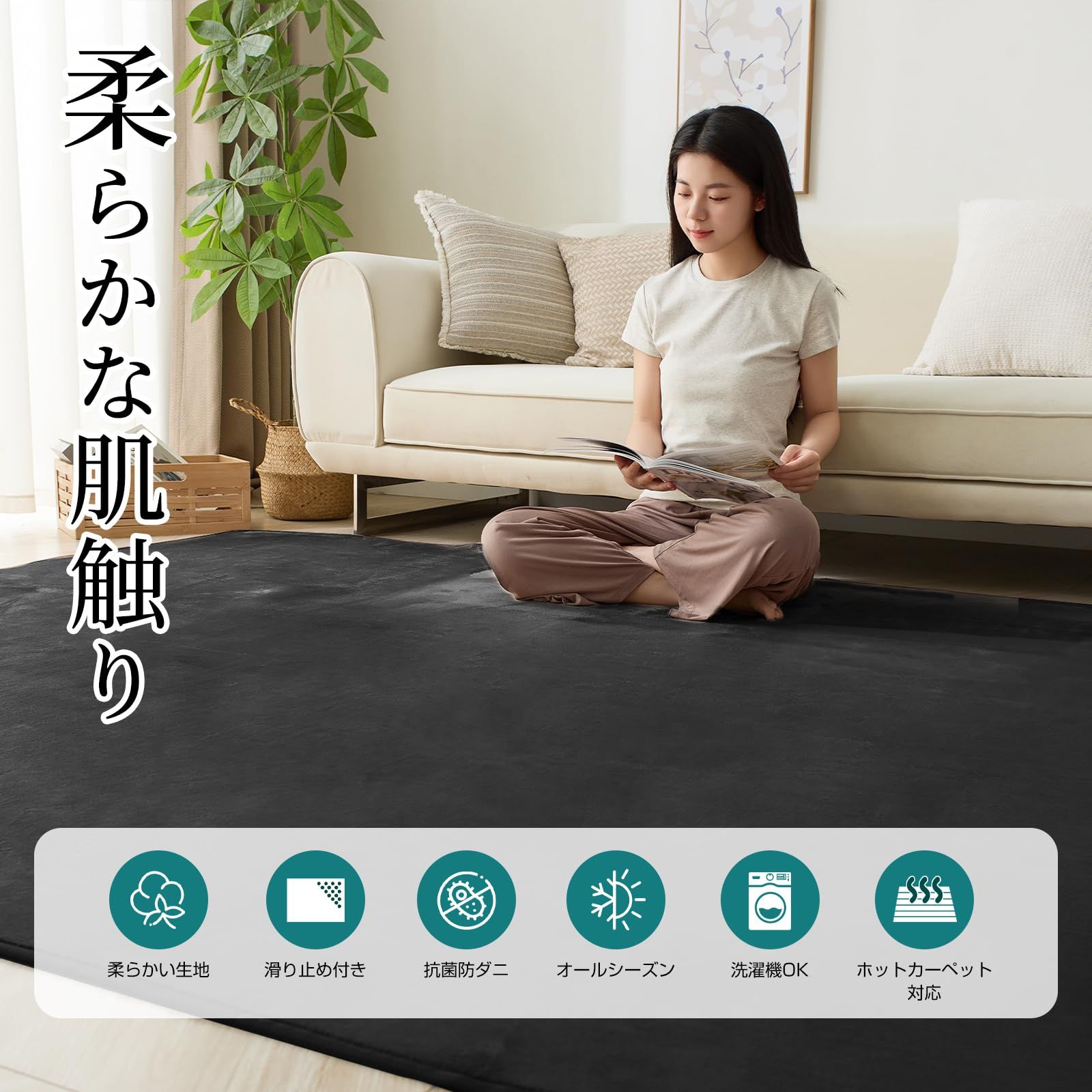 Housecover カーペット ラグ ラグマット滑り止め付 洗える 200×250cm 約3畳 絨毯 防ダニ 抗菌 防臭 オールシーズン快適に使用 床暖房 ホットカーペット対応 ふわふわ肌触り フランネルラグ 無地 ブラック