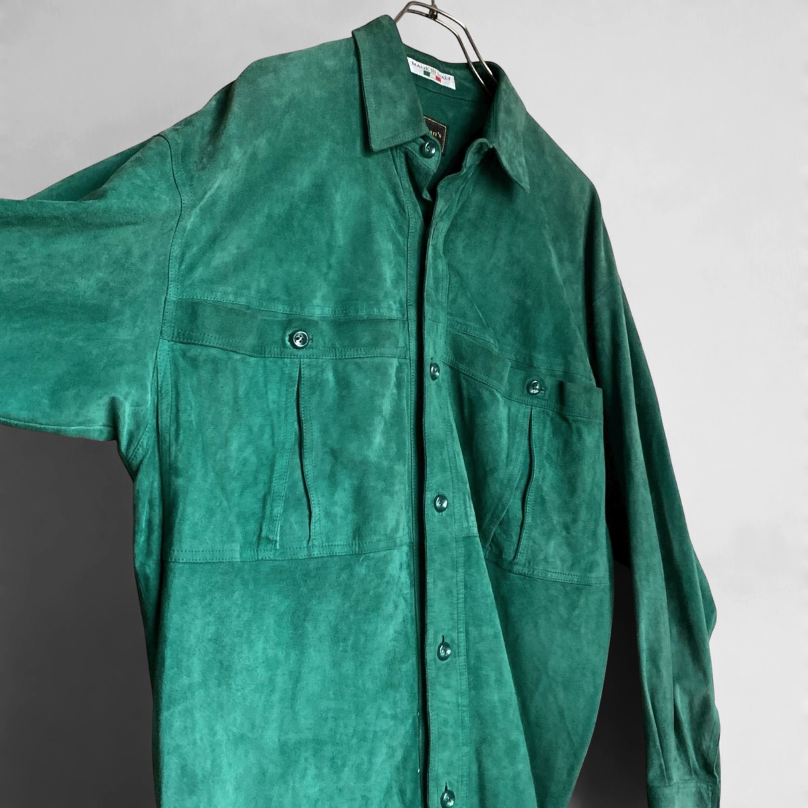 80s〜イタリア製 リアルスウェードレザー デザインシャツ グリーン German s
