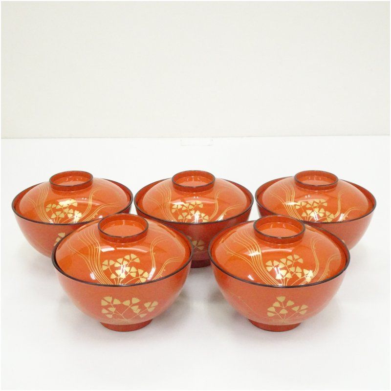 平安堂造 朱塗流水芹蒔絵吸物椀5客 共箱 吸い物椀 和食器 おしゃれ 味噌汁 吸い物 漆器 和食 懐石 茶道 茶道具 お椀 汁椀 汁物椀 owan