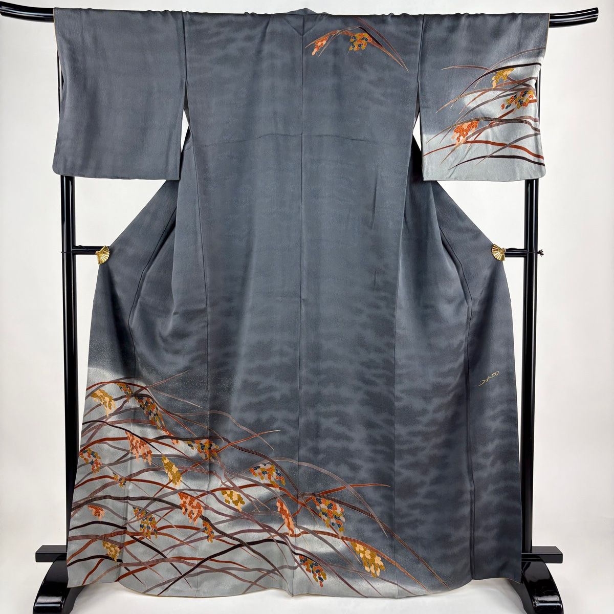 訪問着 身丈166.5cm 裄丈69.5cm L 袷 コシノヒロコ 落款 稲穂 金彩 鼠色 正絹 名品