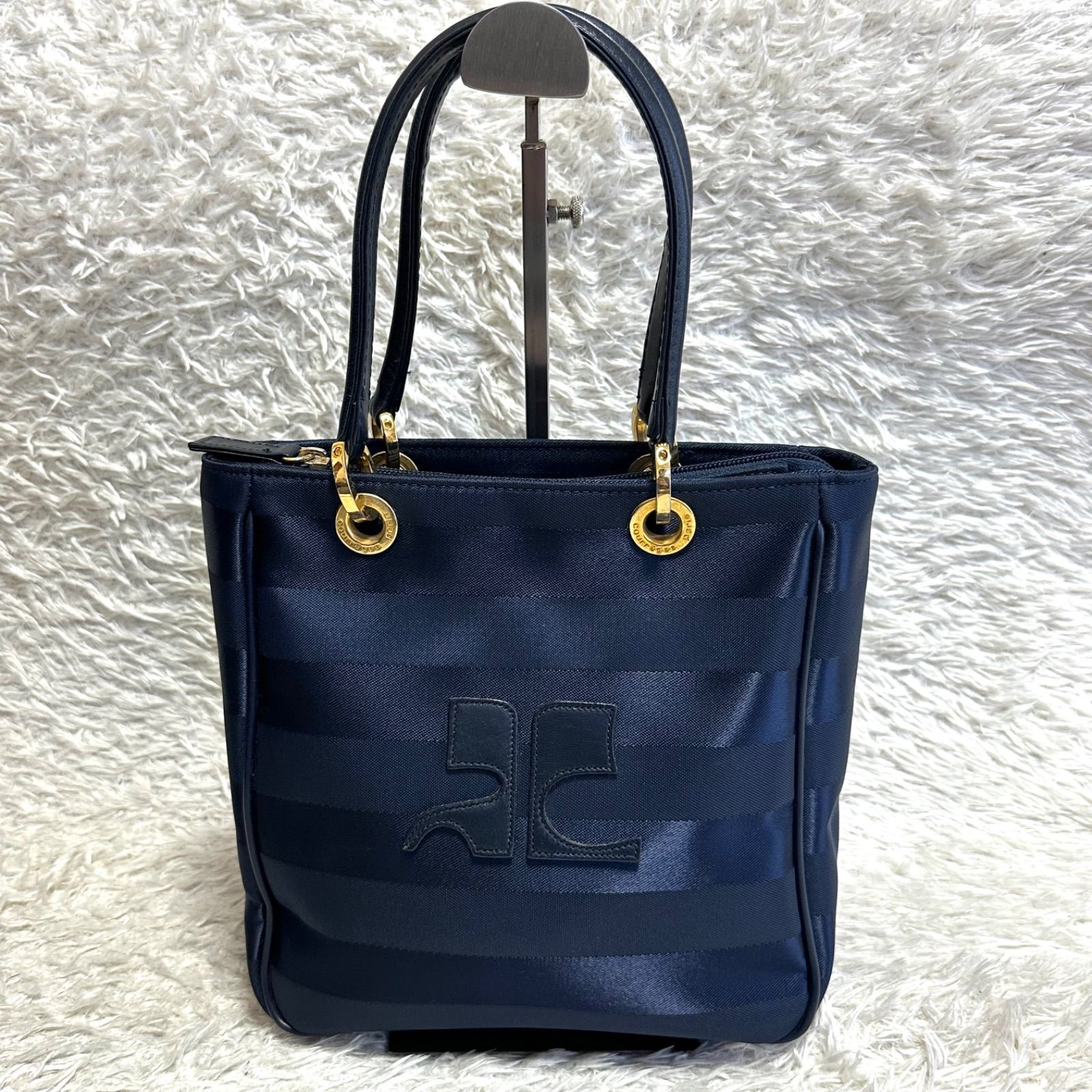 美品】courreges クレージュ ハンドバッグ ナイロン レザー デカロゴ 