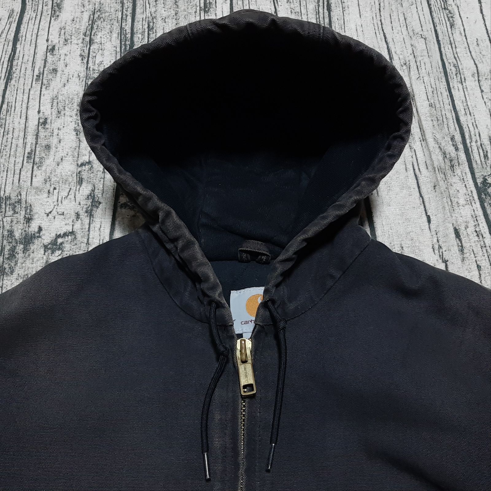 size S】 Carhartt アクティブジャケット パーカー ブラック 黒 革ロゴ